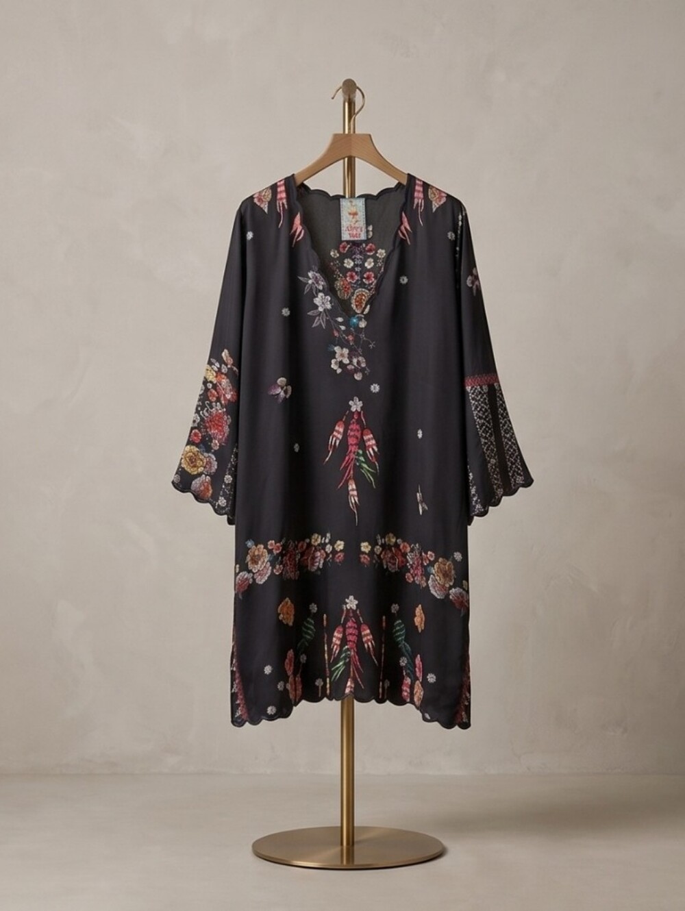 Johnny Was Black Silk Long-Sleeve  Floral & Feather Dress